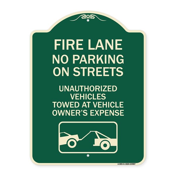 Signmission Fire Lanes No Parking on Streets Unauthorized Vehicles Towed at Owner Expense, A-DES-G-1824-23987 A-DES-G-1824-23987 - main